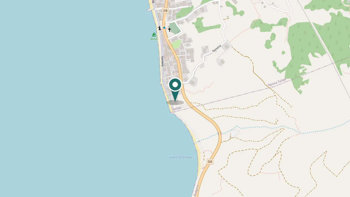 Map of Tučepi with the apartments marked on the beach front. Opens in Google Maps.